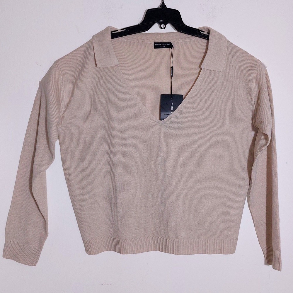 NWT Pretty Little Thing Plus Stone Knitted V Neck Sweater Size XXL